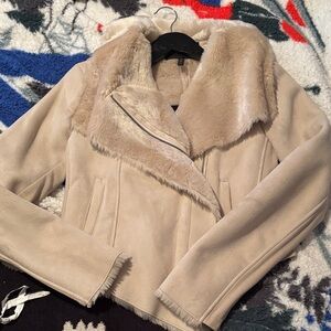 BCBGMaxAzria Beige Teddy Jacket with Faux Fur Collar